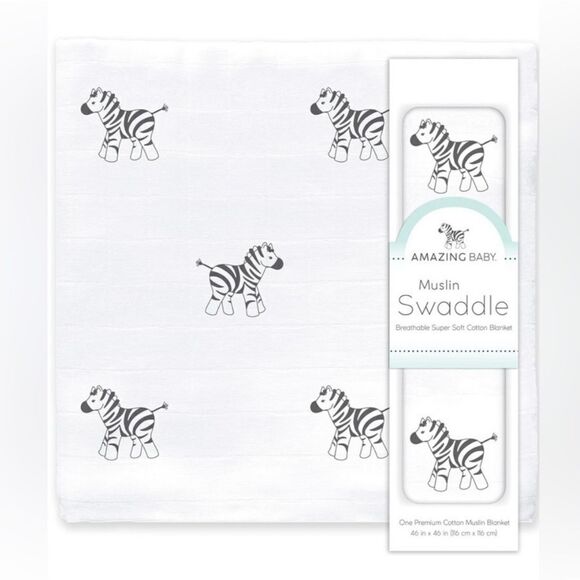 Amazing Baby Muslin Swaddle Breathable Super Soft Cotton Zebra Blanket 36”x36" - Picture 1 of 8